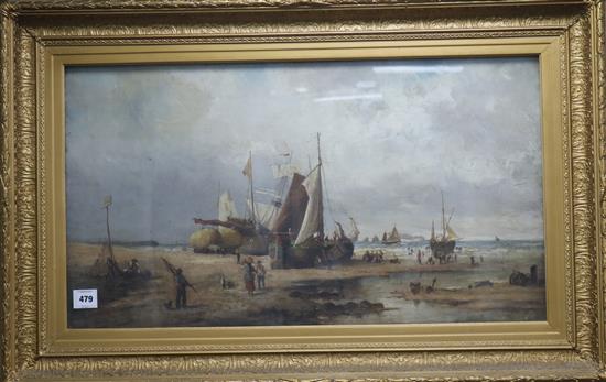 Late 19th century English School Fisherfolk on the shore at low tide 18 x 32in.